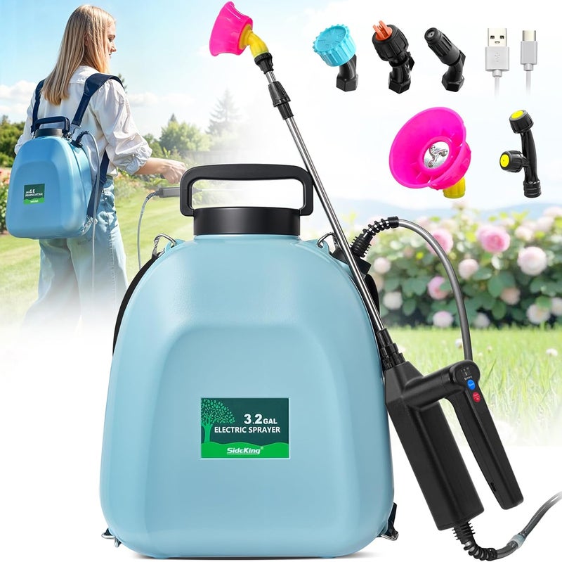 SideKing 3.2 Gallon Battery Powered Backpack Sprayer, Upgraded Electric Back Pack Sprayer with 3 Spray Speed, Battery Indicator, Rechargeable Handle, 41" Telescopic Wand, 5 Mist Nozzles, for Lawn and Garden - Image 1